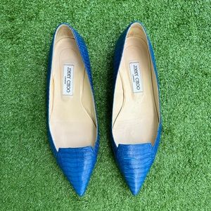 JIMMY CHOO ATTILA POINTED TOE FLATS BLUE ELAPHE SNAKESKIN